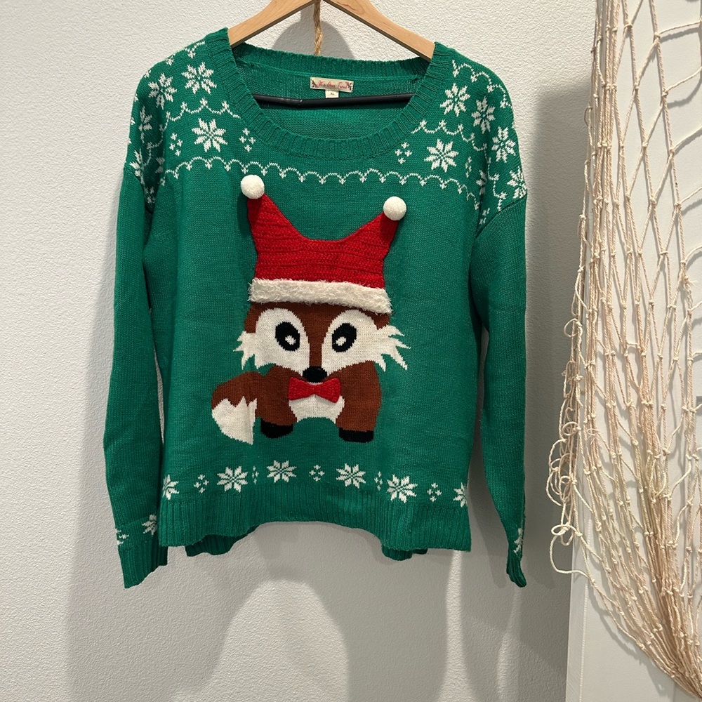 It's Our Time Festive Green Sweater with Fox Design